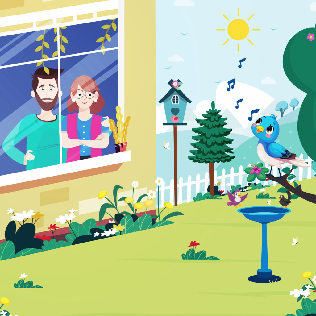 Pleased couple embracing while looking at nature with bird singing,